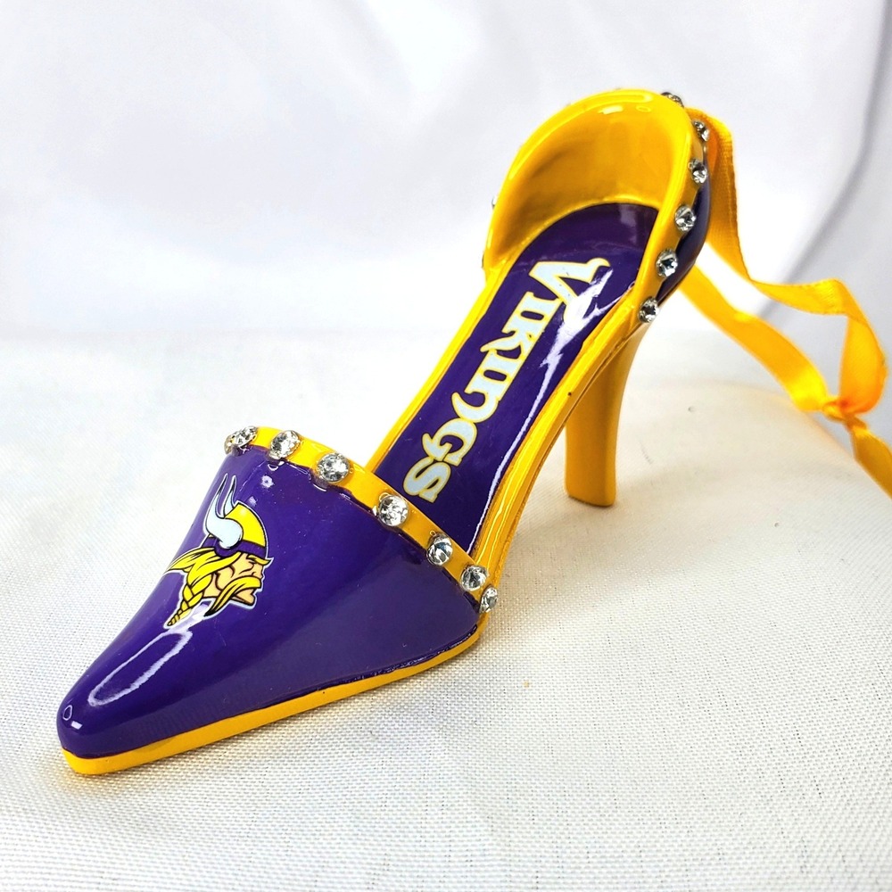 Minnesota Vikings NFL High Heel Shoe Ornament Purple Gold Rhinestone Decor